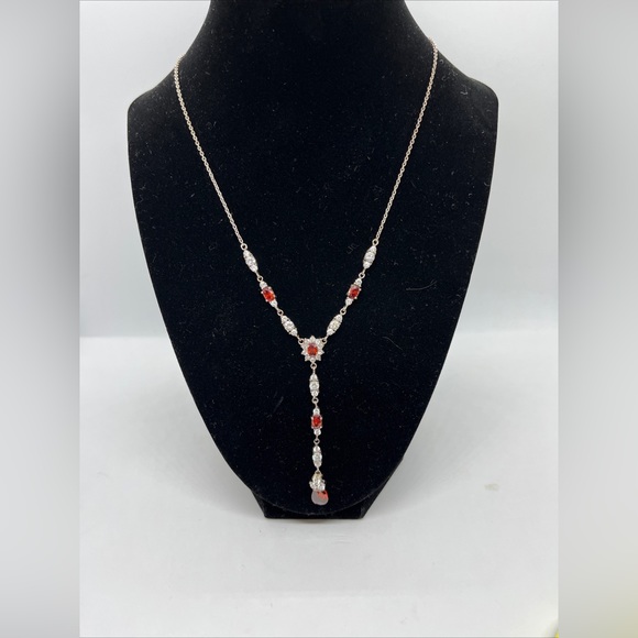 Jewelry - Vintage Sterling Silver  Garnet Clear Rhinestone Y Necklace